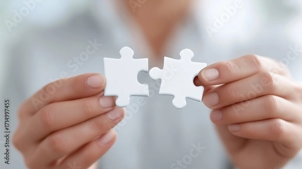 Fototapeta Close up of hands holding puzzle pieces symbol of teamwork collaboration and business success.