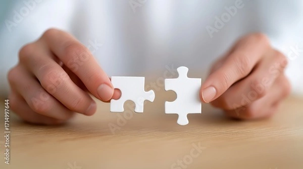 Fototapeta Hands connecting puzzle pieces symbol of unity teamwork and business collaboration.