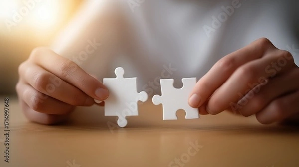 Fototapeta Hands connecting puzzle pieces symbol of unity teamwork and business collaboration.
