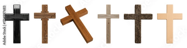 Fototapeta Christian cross set including rustic, weathered, smooth, natural wood, and black designs isolated. Religious symbolism and faith.