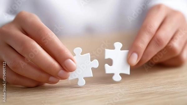 Fototapeta Hands holding puzzle pieces symbol of business collaboration and teamwork on light background.