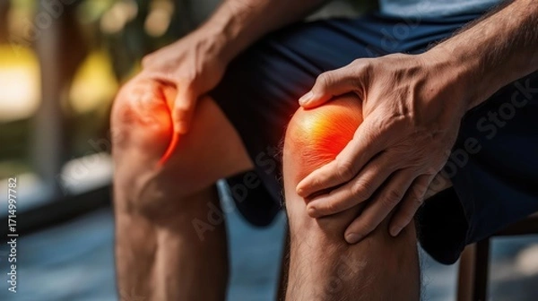 Fototapeta Man holding elbow in pain with digital illustration of joint and bone structure showing elbow pain.