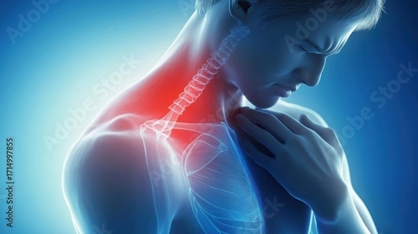 Fototapeta A male figure with his left shoulder highlighted in red, depicted in a medical illustration style.