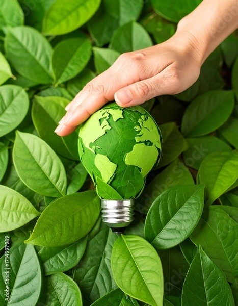 Fototapeta Green lightbulb with world map, surrounded by leaves.  Hand protecting