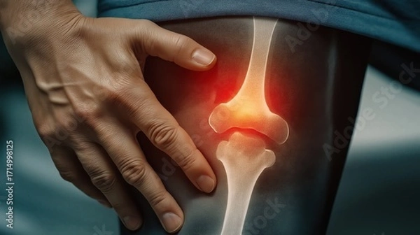 Fototapeta High-resolution medical stock photo showing knee X-ray with red pain highlight and hand pressing hip in pain against blue background.