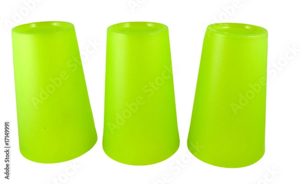 Fototapeta three upside down green plastic cups isolated on white