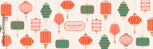 Fototapeta Greeting card for Mid Autumn Festival. Traditional Chinese lanterns in different shapes. Chinese New Year cover background vector.