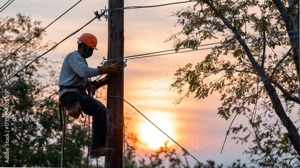 Fototapeta Lineman repairing wires on power pole with beautiful sunset background. Electrician working at height to restore electric service, maintenance concept.