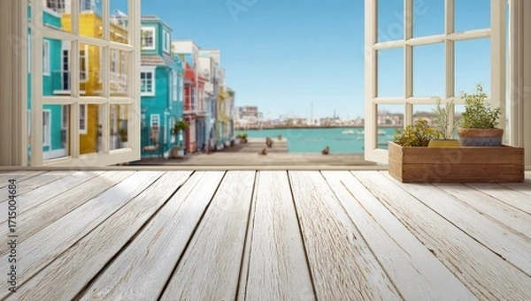 Fototapeta Whitewashed wood floor, open window, harbor view