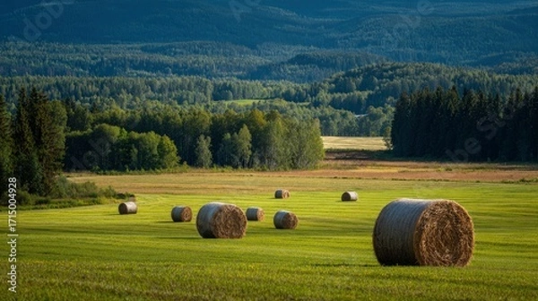 Fototapeta Hay bales in field, forest background