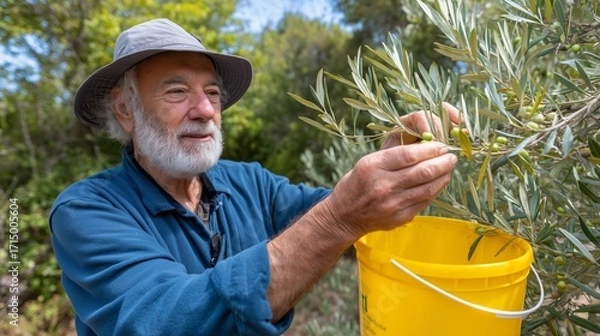 Fototapeta Man harvesting green olives from an olive tree branch into a yellow bucket. Rural farming, agriculture, and organic food concept.