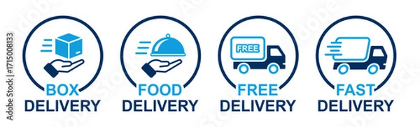 Fototapeta delivery icons for free, food, fast and box delivery. delivery icons can be used for courier, order, retail, parcel, cargo, package, business, transportation, online shopping etc purpose. 