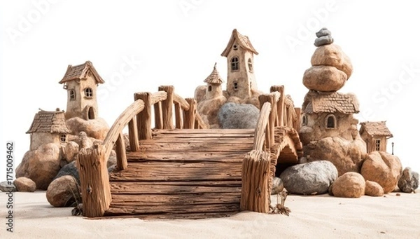 Fototapeta Whimsical clay village with arched bridge
