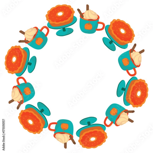 Fototapeta Pumpkin pie and latte round frame.  Autumn drink with cinnamon, with cream and baked dessert on a stand. Border with cartoon objects and copy space. Orange, blue, brown colors on white. Vector design.