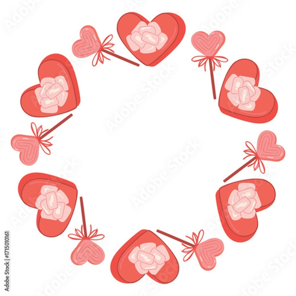 Fototapeta Valentine's Day frame with box of chocolates and lollipop. Cartoon border with heart-shaped objects. Red and pink colors on white background. Romantic composition with copy space. Vector design.
