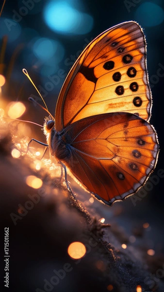 Fototapeta Glowing orange butterfly resting on branch with magical lights