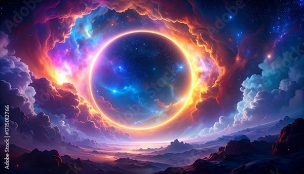 Fototapeta A vibrant cosmic landscape with a luminous ring