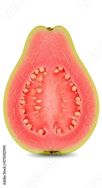 Fototapeta Closeup view of a pink guava fruit, sliced vertically to reveal its texture and seed pattern, isolated on white background