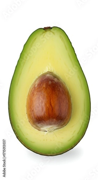 Fototapeta Closeup view of a halved avocado with its large central seed and bright green flesh, isolated on white background
