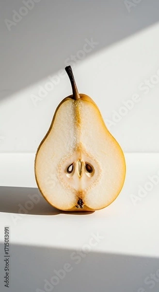 Fototapeta A halved pear with its seeds visible, isolated on white background