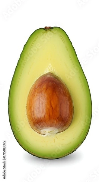 Fototapeta A halved avocado with its large brown seed isolated on a white background