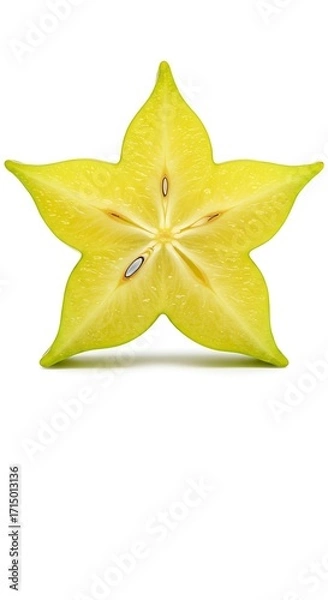 Fototapeta A ripe star fruit slice, isolated on white background, showcasing its unique star shape and juicy texture
