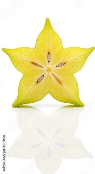 Fototapeta A perfectly cut star fruit slice with reflection, isolated on white background, showcasing its geometric beauty