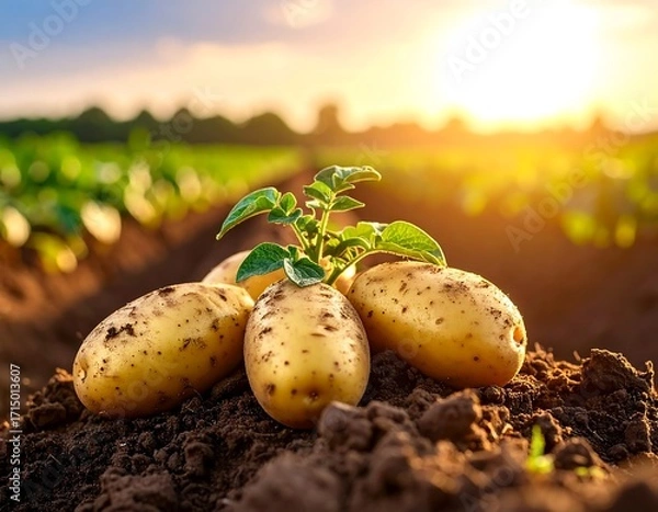 Obraz Potatoes sprouting in a field at sunset