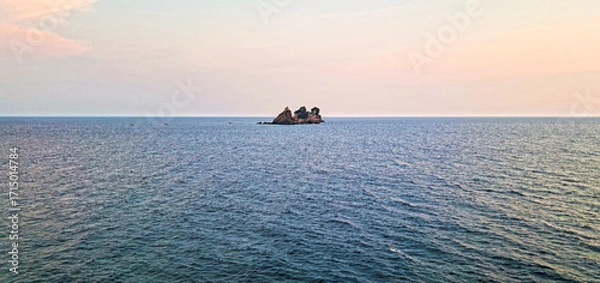 Obraz Tranquil seascape at sunset with a small rocky island covered in trees in the distance, surrounded by calm blue waters under a pastel sky. Petrovac, Montenegro-