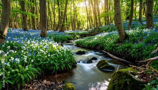 Obraz Sunlight streams through a lush forest with a babbling brook