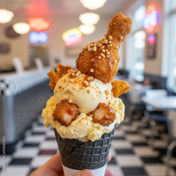 Fototapeta Fried chicken ice cream dessert served in a waffle cone topped with crunchy peanuts and crispy chicken pieces, showcasing a unique culinary fusion in a retro diner setting