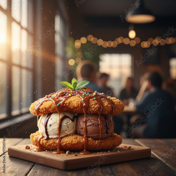 Fototapeta Fried chicken ice cream sandwich with colorful sprinkles and caramel drizzle, presented on wooden board in cozy cafe setting, showcasing unique dessert concept with copy space