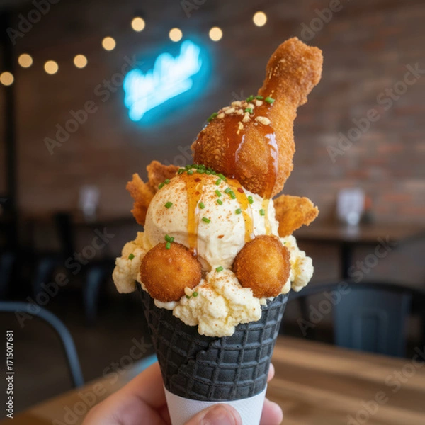 Fototapeta Fried chicken ice cream cone topped with crispy chicken leg, drizzled with syrup, and garnished with herbs, showcasing a unique dessert concept with copy space