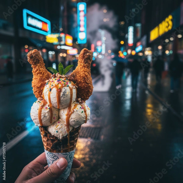 Fototapeta Fried chicken ice cream cone with crispy chicken wings on top, colorful sprinkles, and caramel drizzle, set against a vibrant urban night scene with neon lights and bustling atmosphere