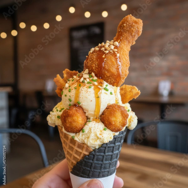 Fototapeta Unique dessert featuring fried chicken atop creamy ice cream in a waffle cone, garnished with nuts and drizzled sauce, showcasing an innovative culinary concept