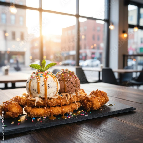 Fototapeta Fried chicken served with ice cream scoops, drizzled with caramel sauce and colorful sprinkles, beautifully presented on a slate platter in a modern restaurant setting