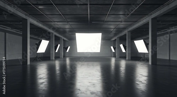 Fototapeta Empty industrial warehouse with polished concrete floor and bright white screen illuminated by studio lights creates a modern, minimalist aesthetic, perfect for presentations.