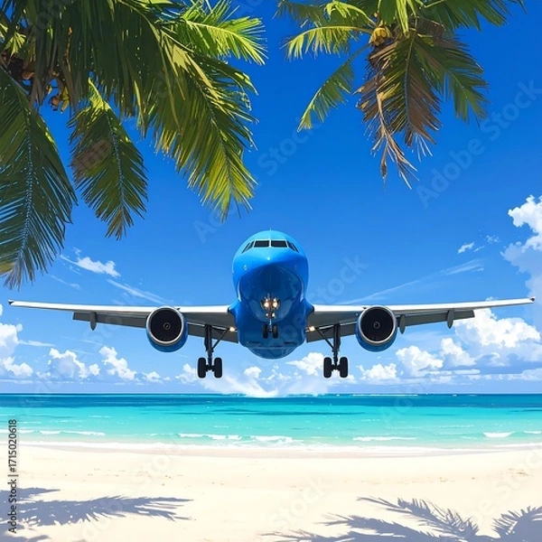 Fototapeta A vibrant blue airplane gracefully descends towards a tropical beach, framed by lush palm trees and a breathtaking azure ocean.