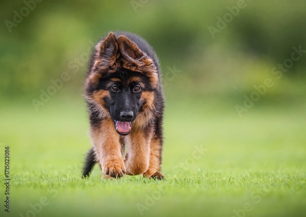 Fototapeta Cute German Shepherd puppy running joyfully on green grass, playful and adorable