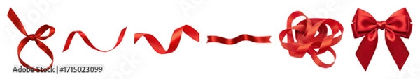Fototapeta Red satin ribbon set including bow, tied knot, curled, wavy, and coiled strips isolated. Gift wrapping and festive decoration elements.
