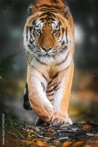 Fototapeta Powerful tiger on safari staring into the camera, showcasing wild nature s majesty