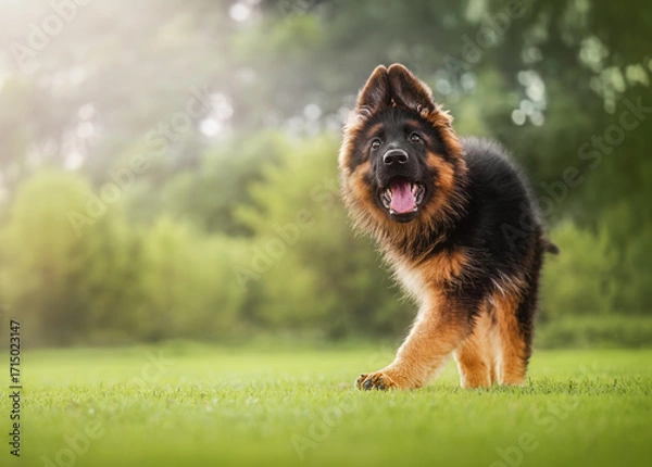 Fototapeta Cute German Shepherd puppy smiling and playing on green grass, joyful and playful.