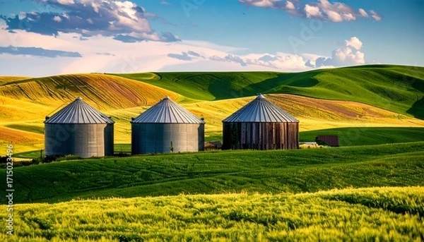 Fototapeta Grain silos on rolling hills at sunset