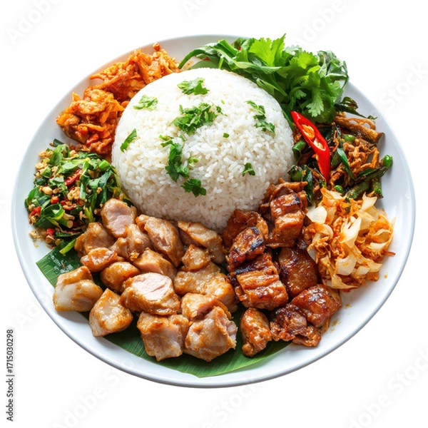 Fototapeta Thai food plate meal meat, A plate of Thai food featuring various meats, colorful vegetables, and aromatic herbs, beautifully arranged for a meal, isolated on transparent background