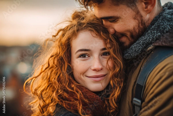 Obraz Warm golden hour light illuminates a couple embracing. Cinematic depth of field and soft romantic tones are perfect for Valentine's Day greeting cards and love celebration posters.