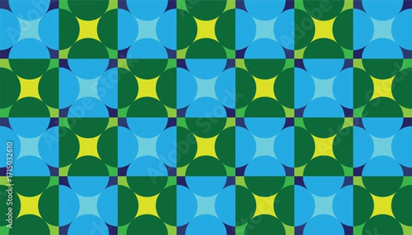 Obraz Seamless geometric pattern with blue and green circular shapes forming yellow star-like centers, modern abstract design ideal for textiles, wallpapers, and digital backgrounds