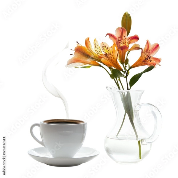 Fototapeta A steaming cup of coffee sits on a table next to a vase of fresh flowers, enhancing the inviting setting, isolated on transparent background