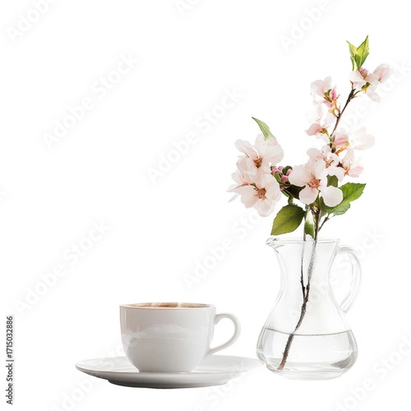 Fototapeta A steaming cup of coffee sits on a table next to a vase of fresh flowers, enhancing the inviting setting, isolated on transparent background