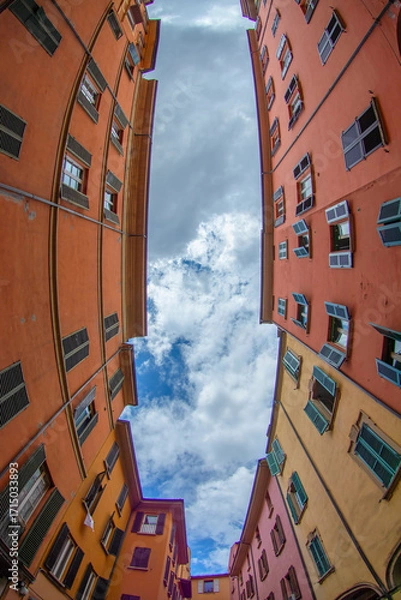Obraz Colorful Fisheye View of Bologna Facades with Dramatic Sky