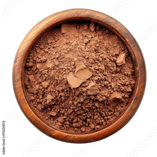 Fototapeta Sweet chocolate powder in a wooden, A wooden bowl filled with sweet chocolate powder, highlighting its deep brown hue and fine consistency for culinary use, isolated on transparent background